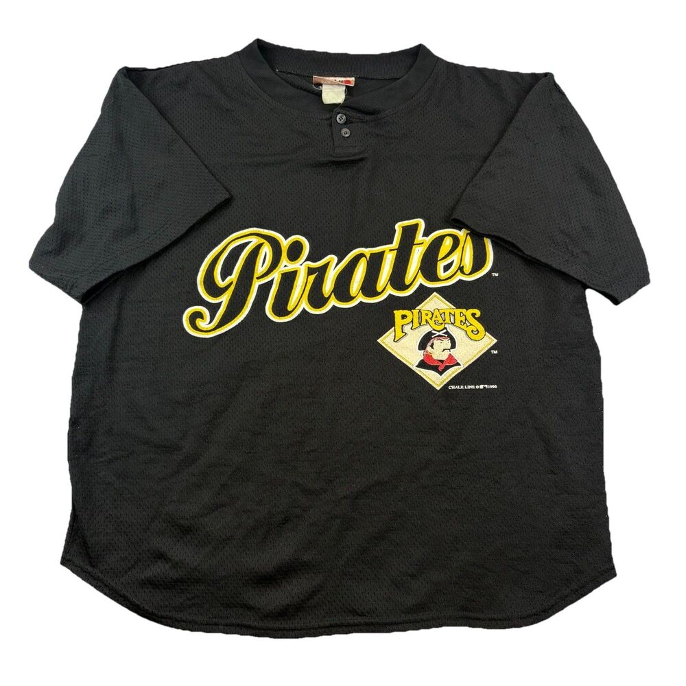 Vintage 1996 Pittsburgh Pirates MLB Mesh Henley T Shirt Mens XL Black Chalk Line